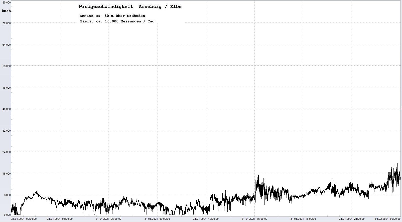 Arneburg Tages-Diagramm Winddaten, 31.01.2021
  Histogramm, Sensor auf Gebude, ca. 50 m ber Erdboden, Basis: 5s-Aufzeichnung