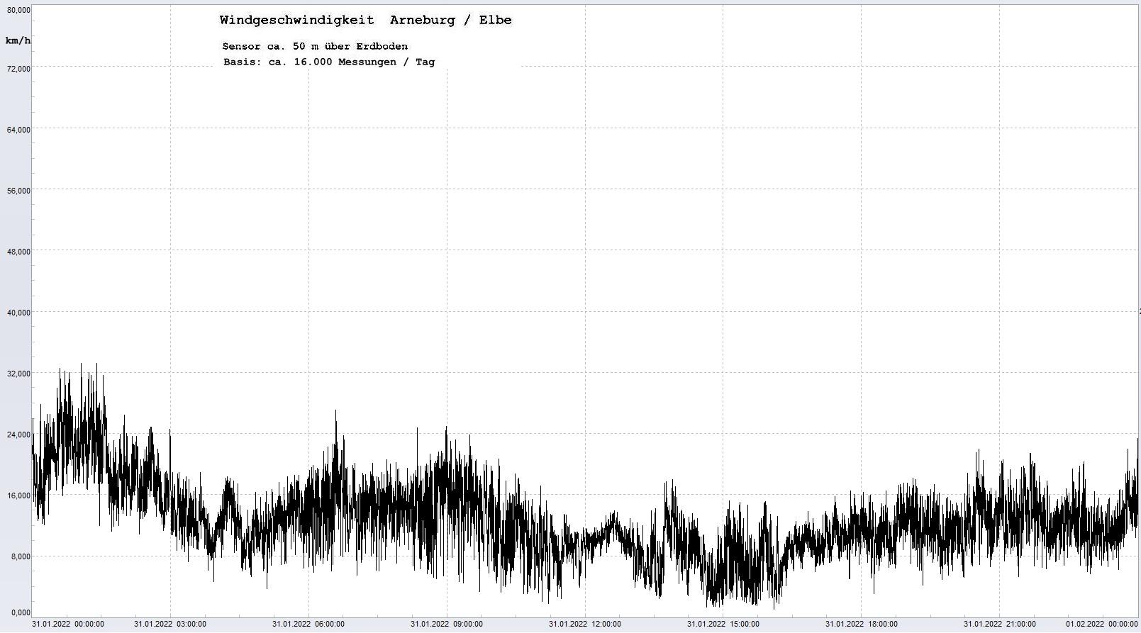 Arneburg Tages-Diagramm Winddaten, 31.01.2022
  Histogramm, Sensor auf Gebude, ca. 50 m ber Erdboden, Basis: 5s-Aufzeichnung