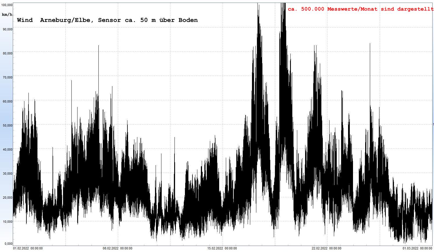 Arneburg Winddaten Monat Februar 2022, 
  Sensor auf Gebude, ca. 50 m ber Erdboden, 5s-Aufzeichnung